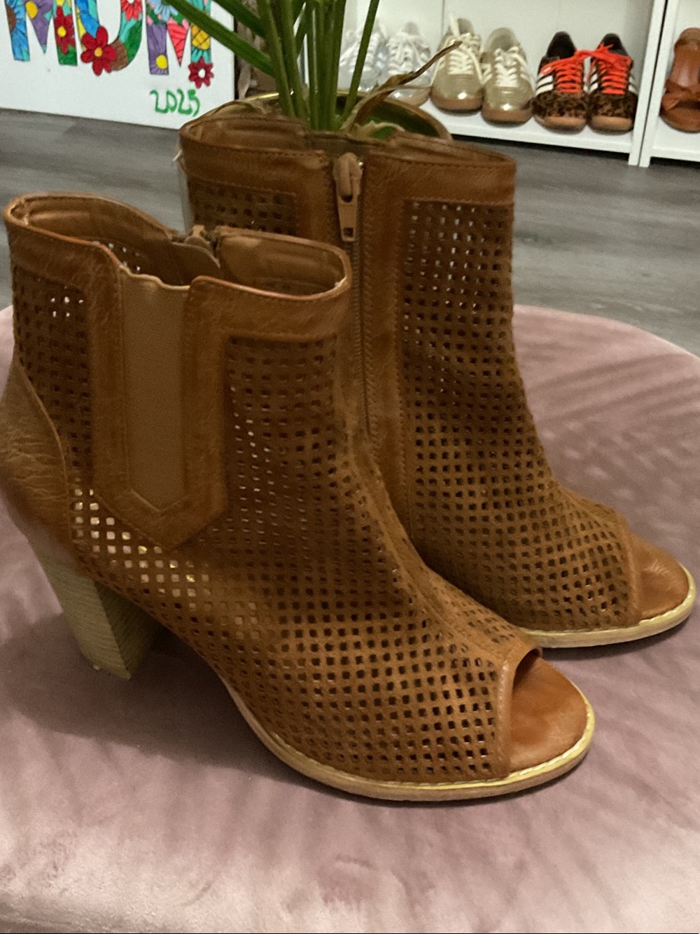 Hot Tomato Perforated Peep-Toe Ankle Boots in Brown